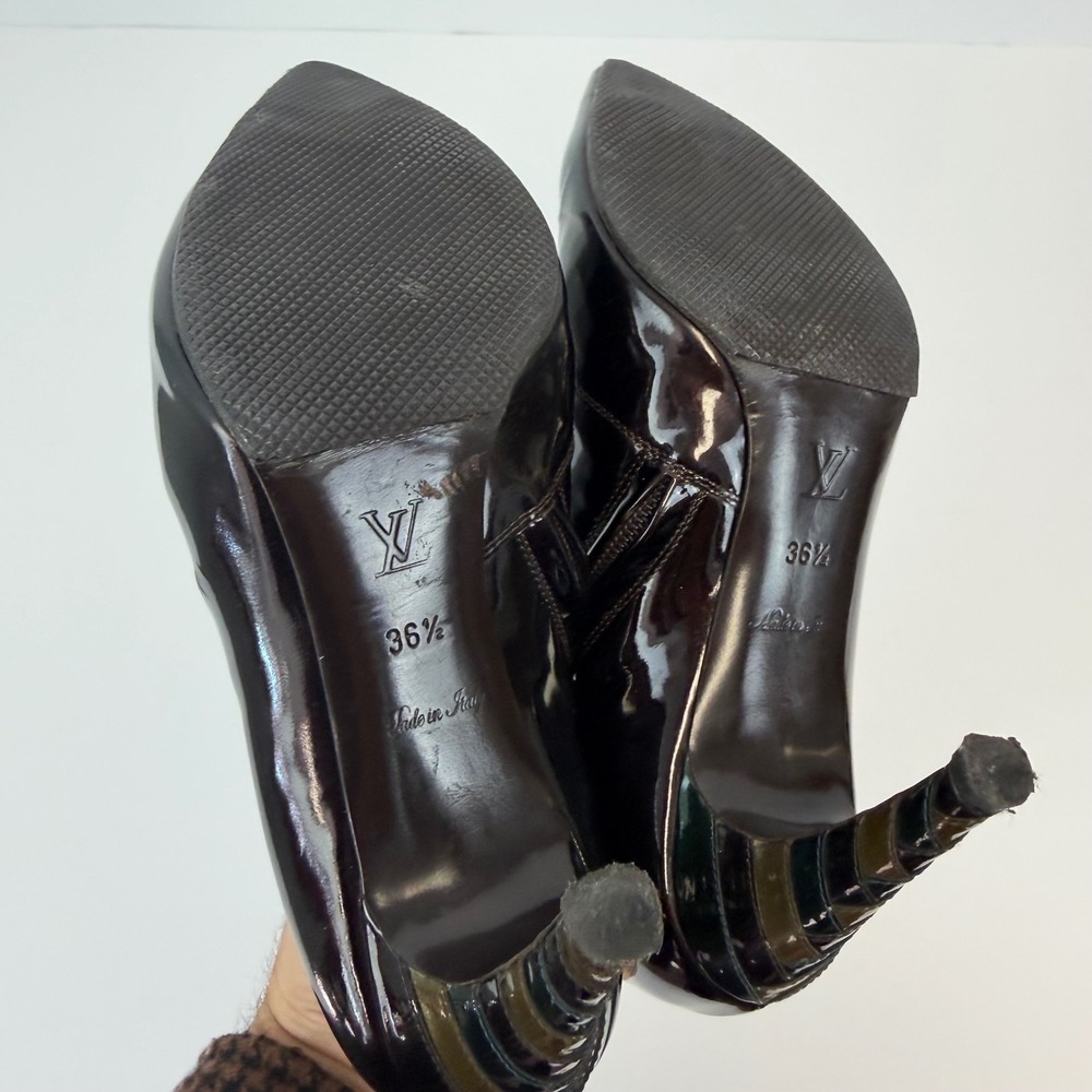 Louis Vuitton Patent Leather Ankle Boots 36.5 Black Pointed Gold‎ Zip Heels - Picture 7 of 12